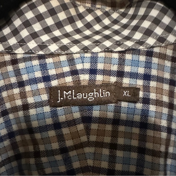 J. McLaughlin Mens Brown blue plaid check button down shirt size XL - Picture 2 of 8